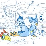  2013 all_fours anthro avian beak bird blue_feathers breasts butt discarded_clothing fatigue_(artist) feathers female looking_at_viewer melee_weapon musical_note nipples nude side_view solo starbound sword tail_feathers talons video_games weapon 