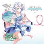  barefoot bird blue_dress blue_eyes blush collarbone daichi_no_oto dress hair_ornament highres holding holding_ribbon leg_up long_hair looking_down pink_ribbon ribbon silver_hair simple_background skirt_hold smile solo tiv white_background 