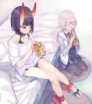 ankle_ribbon bangs barefoot barefoot_sandals bed beer_can blunt_bangs blush can closed_eyes commentary_request fate/grand_order fate_(series) glasses hair_over_one_eye hood hoodie horns lavender_hair long_sleeves mash_kyrielight multiple_girls necktie oni oni_horns pantyhose purple_eyes purple_hair red_neckwear ribbon shirt short_hair short_sleeves shuten_douji_(fate/grand_order) smile soda_can urayamashiro_(artist) white_shirt yebisu 