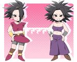  &gt;:) :| ? arm_at_side armband arms_at_sides bare_shoulders belt big_hair bike_shorts blush body_blush bracer breasts brown_belt brown_footwear brown_legwear caulifla chibi cleavage closed_mouth collarbone commentary_request crop_top dragon_ball dragon_ball_super earrings empty_eyes eyebrows eyelashes floating_hair fujioka-san full_body grin groin hair_intakes hand_on_hip hands_on_hips high_ponytail highres hoop_earrings jewelry kale_(dragon_ball) legs_apart lips long_hair looking_at_viewer medium_breasts miniskirt multiple_girls navel no_pupils pants polka_dot polka_dot_background purple_pants red_shirt red_skirt shirt shoes short_sleeves shorts shorts_under_skirt silhouette simple_background single_hair_intake skirt smile socks spiked_hair strapless teeth tubetop v-shaped_eyebrows white_background 