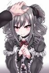  blush commentary_request drill_hair gothic_lolita gradient gradient_background hairband hand_on_another's_head highres idolmaster idolmaster_cinderella_girls kanzaki_ranko lolita_fashion lolita_hairband long_hair out_of_frame petting red_eyes solo_focus tdnd-96 twin_drills 