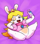  blonde_hair blue_eyes cellphone clothing crown ear_piercing featureless_crotch female hair jewelry lips mammal mario_+_rabbids:_kingdom_battle nintendo one_eye_closed outta_sync peach_rabbid phone piercing purple_background rabbid rabbid_peach selfie simple_background smile solo spread_legs spreading tongue tongue_out ubisoft v_sign video_games wink 