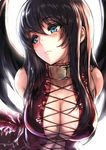  aqua_eyes backlighting bangs bare_shoulders black_hair black_matrix black_wings bloom blush breasts cleavage closed_mouth collarbone commentary cross-laced_clothes domina ears expressionless feathered_wings hair_between_eyes half-closed_eyes large_breasts light_frown long_hair looking_away looking_to_the_side shiny shiny_clothes skindentation solo tooi_aoiro wings 