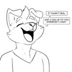  anthro canine clothed clothing dialogue english_text fur greyscale hair kom komponi male mammal monochrome open_mouth smile solo text tongue 