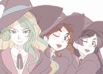  barbara_parker black_eyes blonde_hair brown_eyes brown_hair closed_mouth diana_cavendish green_eyes hanna_england hat light_green_hair little_witch_academia long_hair looking_at_viewer multicolored_hair multiple_girls one_eye_closed open_mouth pale_color simple_background smile tasaka_shinnosuke two-tone_hair white_background witch_hat 