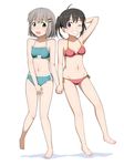  bikini black_hair blue_bikini blush breasts brown_hair green_eyes groin holding_hands kuraue_hinata multiple_girls navel one_eye_closed open_mouth purple_eyes red_bikini simple_background small_breasts smile sutee_(ripobita) swimsuit swimwear white_background yama_no_susume yukimura_aoi 