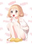  bad_id bad_pixiv_id bangs blonde_hair blush brown_eyes candy collarbone convenient_leg crocs eyebrows_visible_through_hair food full_body furururu futaba_anzu hair_tie hand_on_leg holding holding_lollipop idolmaster idolmaster_cinderella_girls licking lollipop long_hair looking_at_viewer low_twintails off_shoulder open_mouth oversized_clothes panties shirt shoes short_sleeves solo squatting t-shirt twintails underwear very_long_hair white_background white_shirt yellow_footwear 