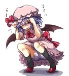  absurdres amagi_(amagi626) arms_up ascot bangs bat_wings black_legwear bloomers blue_hair blush bow commentary_request cowering eyebrows_visible_through_hair flying_sweatdrops full_body hair_between_eyes hat hat_bow highres kneehighs looking_at_viewer mob_cap one_eye_closed open_mouth pink_hat red_bow red_eyes red_footwear remilia_scarlet shoes short_hair short_sleeves simple_background solo sweat tears touhou underwear uu~ white_background white_bloomers wings 