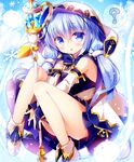  ? animal_ears animal_hood arms_between_legs belt blue_eyes blue_hair boots bunny_ears chestnut_mouth chimame_chronicle detached_sleeves dress fake_animal_ears gochuumon_wa_usagi_desu_ka? highres hood hooded_cape kafuu_chino legs long_hair open_mouth sasai_saji sitting solo spoken_question_mark staff strapless strapless_dress twintails v_arms weapon 