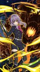  black_dress black_footwear black_legwear boots bow brown_eyes dress facial_mark fire floating_hair gloves hair_bow highres hiiragi_shinoa holding holding_weapon knee_boots leg_up long_hair looking_at_viewer military military_uniform night outdoors owari_no_seraph pleated_dress purple_bow purple_hair scythe short_dress solo sparkle standing thighhighs uniform weapon white_gloves zettai_ryouiki 