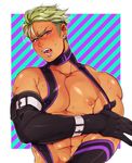  areolae black_gloves blush bodysuit buckle covered_nipples dark_skin dark_skinned_male elbow_gloves eyelashes ez_do_dance fangs gloves green_hair king_of_prism_by_prettyrhythm kyuu_(kyu_717) looking_at_viewer male_focus muscle neon_trim nipples open_mouth patterned_background pectorals pretty_rhythm purple_eyes solo striped striped_background sweat undercut upper_body yamato_alexander 