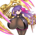  1girl bare_shoulders bent_over black_legwear breasts collar fate/extra fate/extra_ccc fate/grand_order fate_(series) female fighting gauntlets gigantic_breasts gradient_background hair_ornament hair_ribbon koucha_maru long_hair looking_at_viewer open_mouth pantyhose passion_lip purple_eyes purple_hair ribbon simple_background solo standing tears very_long_hair weapon 