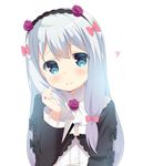  adjusting_hair blue_eyes blush bow cosplay eromanga_sensei flower gaou gokou_ruri gokou_ruri_(cosplay) gothic_lolita hair_bow hair_flower hair_ornament hairband izumi_sagiri lolita_fashion long_hair long_sleeves ore_no_imouto_ga_konna_ni_kawaii_wake_ga_nai pink_bow rose silver_hair smile solo upper_body white_background wide_sleeves 