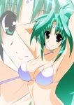  1girl bikini blush breasts cleavage commentary_request engo_(aquawatery) eyebrows_visible_through_hair facial_mark forehead_mark green_eyes green_hair large_breasts lindy_harlaown long_hair looking_at_viewer lyrical_nanoha mahou_shoujo_lyrical_nanoha mahou_shoujo_lyrical_nanoha_a&#039;s ponytail smile solo swimsuit white_bikini zoom_layer 