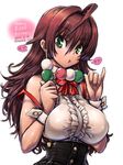  1girl amania_orz breasts brown_hair character_request copyright_request dango green_eyes large_breasts long_hair looking_at_viewer tagme 