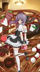  apron arms_behind_back black_bow black_hairband black_ribbon bow box brown_eyes chocolate chocolate_on_face dress floating_hair food food_on_face hair_bow hairband heart-shaped_box high_heels highres hiiragi_shinoa indoors jpeg_artifacts leg_up long_hair looking_at_viewer looking_back owari_no_seraph purple_hair ribbon short_dress solo thighhighs white_apron white_legwear wrist_cuffs 