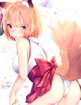  animal_ear_fluff animal_ears ass bangs blonde_hair blush bob_cut brown_eyes chita_(ketchup) commentary cowboy_shot eyebrows_visible_through_hair fox_ears fox_girl fox_tail from_behind hakama_skirt highres looking_at_viewer looking_back nontraditional_miko original panties parted_lips pleated_skirt red_skirt short_hair signature skirt sleeveless solo tail thick_eyebrows triangle twitter_username underwear white_panties 