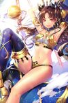  arms_up asymmetrical_clothes asymmetrical_legwear bare_shoulders black_hair breasts crown earrings fate/grand_order fate_(series) hair_ribbon hoop_earrings ishtar_(fate/grand_order) jewelry long_hair long_legs looking_at_viewer matsurika_youko medium_breasts navel red_eyes ribbon single_thighhigh smile solo thighhighs 