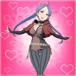  1girl blue_eyes blush braid breasts capelet cleavage eponine_(fire_emblem_if) fingerless_gloves fire_emblem fire_emblem_if floating_hair hairband happy heart highres legs long_hair looking_at_viewer open_mouth purple_hair simple_background small_breasts smile solo standing thighs twin_braids yuki_(12cut) 