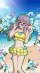  beach bikini bikini_skirt blue_bow bow brown_eyes cloud cloudy_sky collarbone day floating_hair groin hair_bow hiiragi_shinoa layered_skirt long_hair looking_at_viewer mouth_hold navel ocean outdoors owari_no_seraph purple_hair sky smile solo standing sunglasses swimsuit yellow_bikini 