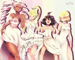  ahoge arms_(game) bare_shoulders blonde_hair breasts brown_hair cleavage closed_eyes dark_skin dress drill_hair flat_chest grin highres holding_hands long_hair mechanica_(arms) medium_breasts min_min_(arms) multiple_girls ponytail ribbon_girl_(arms) ribbon_hair runapiero short_hair side_slit small_breasts smile twin_drills twintelle_(arms) wedding_dress white_dress 