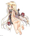  ass bangs barefoot blonde_hair blue_eyes breasts crossed_bangs eyebrows_visible_through_hair from_behind full_body g41_(girls_frontline) girls_frontline hair_censor hair_over_one_breast heterochromia long_hair looking_at_viewer looking_back md5_mismatch mechanical_arms panties red_eyes sabet_(young_ouo) sideboob simple_background small_breasts solo thighs topless twitter_username underwear white_background white_panties 