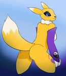  2017 anthro armwear black_nose blue_eyes breasts canine cardboardcat clothing digimon female fur mammal markings nude raised_tail renamon simple_background solo tuft white_fur yellow_fur 