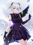  angel_wings bare_shoulders diffraction_spikes dress drill_hair elbow_gloves feathers gloves highres idolmaster idolmaster_cinderella_girls kanzaki_ranko long_hair looking_at_viewer nayuta69 open_mouth red_eyes revision rosenburg_engel silver_hair smile solo twin_drills twintails wings 