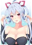  ahoge bare_shoulders blush breasts cleavage cleavage_cutout collarbone long_hair looking_at_viewer matoi_(pso2) medium_breasts milkpanda open_mouth phantasy_star phantasy_star_online_2 pink_eyes silver_hair solo twintails upper_body 