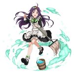 :d ahoge apron black_dress bow bowtie dress floating_hair frilled_apron frills full_body green_bow green_neckwear hair_bow hairband looking_at_viewer maid official_art open_mouth purple_eyes purple_hair red_eyes red_hairband short_dress smile socks solo sword_art_online sword_art_online:_code_register transparent_background water white_apron white_legwear yuuki_(sao) 