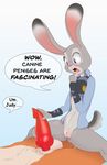  2017 animal_genitalia animal_penis anthro armor badge blush bottomless canine_penis clothed clothing dialogue disney duo english_text erection female judy_hopps knot lagomorph lysergide male male/female mammal open_mouth penis pussy rabbit shirt text zootopia 