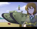  black_hair bolt_action box breasts brown_hair caterpillar_tracks cloud day dead_people glasses green_hair ground_vehicle gun mark_iv_tank medium_breasts military military_vehicle motor_vehicle multiple_girls original ribbon rifle school_uniform short_hair sky tank tree wall weapon world_war_i 