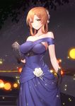 bag bare_shoulders black_gloves blonde_hair blue_dress breasts closed_mouth collarbone commentary cowboy_shot dress evening_gown flower girls_frontline gloves green_eyes hair_rings handbag highres holding large_breasts light_smile liu_lan looking_at_viewer m1903_springfield_(girls_frontline) night outdoors smile solo white_flower 