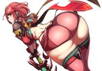  ass breasts cowboy_shot curvy holding holding_weapon homura_(xenoblade_2) jewelry large_breasts long_hair looking_at_viewer looking_back nuezou red_eyes red_hair short_hair shorts simple_background smile solo sword v_arms weapon white_background wide_hips xenoblade_(series) xenoblade_2 