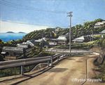  blue_sky colored_pencil_(medium) commentary_request crack dated day hayashi_ryouta horizon house no_humans ocean original outdoors plant power_lines railing real_world_location road scenery signature sky still_life street traditional_media water 