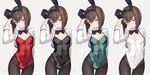  animal_ears arm_behind_back ass_visible_through_thighs black_legwear black_leotard bow bowtie breasts brown_eyes brown_hair bunny_ears bunnysuit cowboy_shot cropped_jacket dated detached_collar fake_animal_ears green_leotard hairband hand_on_headwear head_tilt highres kantai_collection leotard looking_at_viewer multiple_outfits pantyhose parted_lips red_leotard rokuwata_tomoe short_hair simple_background small_breasts taihou_(kantai_collection) white_background 