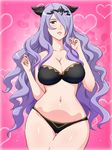  1girl bare_arms bare_legs bare_shoulders blush bra breasts camilla_(fire_emblem_if) cleavage cowboy_shot fire_emblem fire_emblem_if hair_over_one_eye heart highres large_breasts legs long_hair looking_at_viewer mound_of_venus nail_polish navel panties purple_eyes purple_hair purple_nails simple_background solo standing thighs underwear yuki_(12cut) 