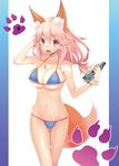  adjusting_hair animal_ears arm_up ass_visible_through_thighs bare_arms bare_shoulders bikini blue_bikini blush bottle bracelet breasts brown_eyes cleavage collarbone cowboy_shot eyebrows_visible_through_hair fang fate/extra fate/extra_ccc fate_(series) fox_ears fox_tail hair_between_eyes hand_in_hair holding holding_bottle jewelry long_hair looking_at_viewer low-tied_long_hair medium_breasts mogullaz navel open_mouth pillarboxed pink_hair sidelocks solo standing string_bikini swimsuit tail tamamo_(fate)_(all) tamamo_no_mae_(fate) tamamo_no_mae_(swimsuit_lancer)_(fate) thigh_gap thighs 