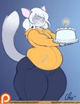  anthro belly blue_hair cake chinchilla clothing cute eyes_closed food fur girly grey_fur hair happy male mammal nekocrispy overweight pants patreon rodent rory_(flamespitter) sweater thick_thighs 