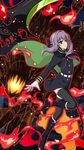  belt black_dress black_gloves black_legwear bow brown_eyes cape dress fire floating_hair full_body gloves hair_bow hiiragi_shinoa holding holding_weapon leg_up long_hair looking_at_viewer military military_uniform outstretched_arm owari_no_seraph purple_bow purple_hair scythe short_dress smile solo standing standing_on_one_leg thighhighs uniform weapon zettai_ryouiki 