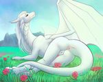  2017 4_toes anus bitemylip blue_eyes crossed_legs detailed_background dragon female feral field flower grass hair hi_res horn looking_up lying nude on_side outside plant presenting pussy rear_view scalie sky solo toes wings 