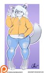  anthro belly blue_eyes blue_hair chinchilla clothing cute fur girly grey_fur hair headphones male mammal nekocrispy overweight pants patreon rodent rory_(flamespitter) sweater torn_bottomwear v_sign 