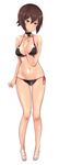  absurdres arm_at_side ass_visible_through_thighs bangs bare_arms bare_legs bare_shoulders between_breasts bikini black_bikini black_choker blush breasts brown_eyes brown_hair choker closed_mouth collarbone emblem expressionless eyebrows_visible_through_hair full_body girls_und_panzer hand_between_breasts hand_on_own_chest highres kuromorimine_(emblem) looking_at_viewer medium_breasts navel nishizumi_maho no_legwear open_toe_shoes red_ribbon ribbon shoes short_hair side-tie_bikini simple_background solo standing stomach swimsuit tsurime wa_(genryusui) white_background white_footwear 