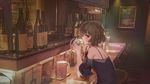  alcohol bangs bar bare_shoulders beer beer_mug blue_eyes bottle brown_hair chair counter cup dress drinking drinking_glass elbows_on_table eyebrows_visible_through_hair from_side holding holding_cup idolmaster idolmaster_cinderella_girls indoors looking_at_viewer looking_back menu mole mole_under_eye off-shoulder_dress off_shoulder pitcher profile revision roki_(0214278) short_hair short_sleeves sitting solo takagaki_kaede teapot wine_bottle 