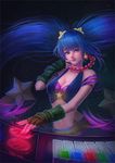  alternate_costume arcade_sona artist_name bare_shoulders blue_background blue_eyes blue_hair blue_nails breasts cleavage dark_background earrings finger_to_mouth fingerless_gloves fingernails gloves gradient_hair hair_ornament highres instrument jewelry keyboard_(instrument) large_breasts league_of_legends light_particles long_fingernails long_hair looking_at_viewer multicolored_hair music nail_polish navel necklace parted_lips playing_instrument signature smile solo sona_buvelle star tmiracle twintails upper_body very_long_hair 