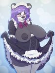  2017 anthro areola bear big_breasts black_nipples black_nose breasts clothed clothing exposed_breasts eyewear female glasses green_eyes hair hi_res huge_breasts legwear long_hair maid_uniform mammal nipples panda purple_hair slightly_chubby smile solo sukebepanda uniform 