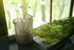  blue_flower blurry broken_window commentary flower indoors light_particles mocha_(cotton) moss no_humans original overgrown plant ruins scenery signature sunlight window windowsill 