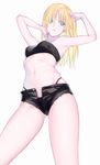  armpits bangs bare_legs blonde_hair breasts closed_mouth fate/apocrypha fate_(series) from_below green_eyes hair_down highres long_hair looking_at_viewer midriff mordred_(fate) mordred_(fate)_(all) navel nipi27 parted_bangs shorts simple_background small_breasts solo standing tank_top tongs white_background 
