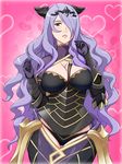  1girl armor blush breasts camilla_(fire_emblem_if) cleavage cowboy_shot fire_emblem fire_emblem_if hair_over_one_eye heart highres large_breasts legs long_hair looking_at_viewer mound_of_venus parted_lips purple_eyes purple_hair simple_background solo standing thighs yuki_(12cut) 
