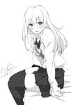  artist_name blush bra commentary_request dated eyebrows_visible_through_hair from_side greyscale highres legs_together long_hair long_sleeves looking_at_viewer md5_mismatch monochrome open_clothes open_shirt original parted_lips school_uniform shirt signature simple_background sitting smile solo tabata_hisayuki thighhighs underwear 